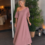 Faela | Striped Off Shoulder Puff Sleeve Midi Dress