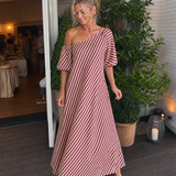 Faela | Striped Off Shoulder Puff Sleeve Midi Dress