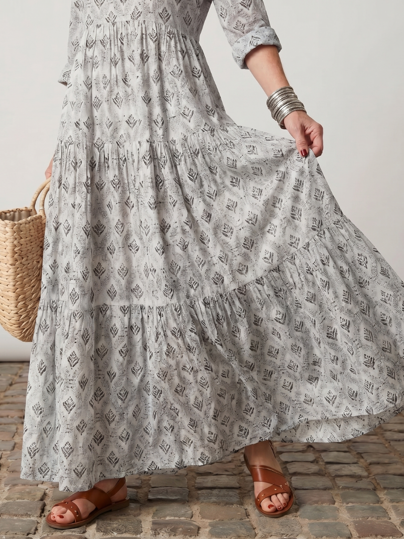 Teswen | Notch Neck Printed Long Sleeve Maxi Dress