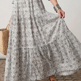 Teswen | Notch Neck Printed Long Sleeve Maxi Dress