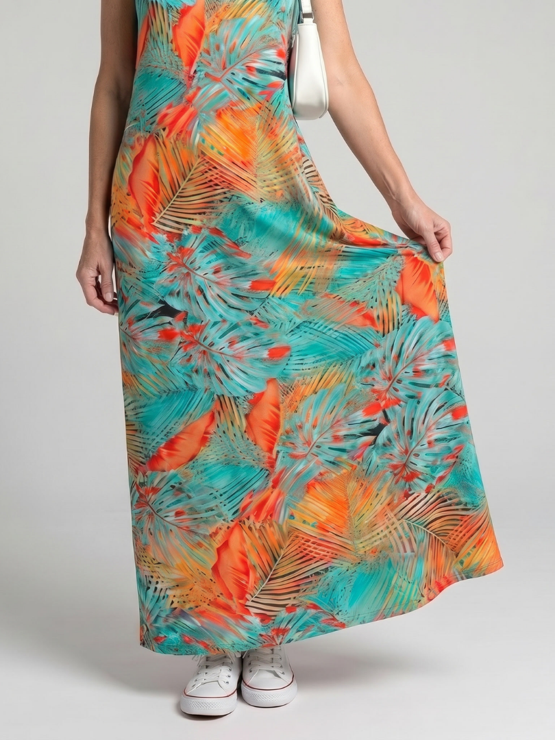 Tesmarie | Sleeveless Tropical Leaf Print Midi Dress