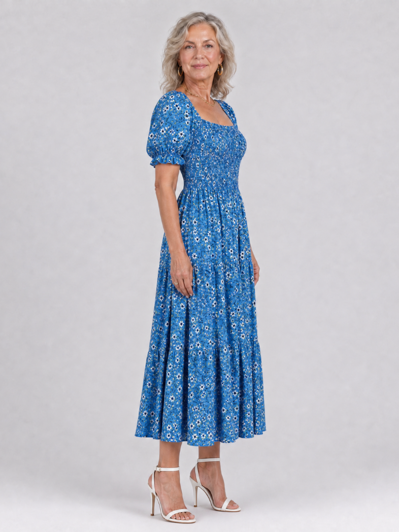 Serrina | Floral Smocked Square Neck Midi Dress