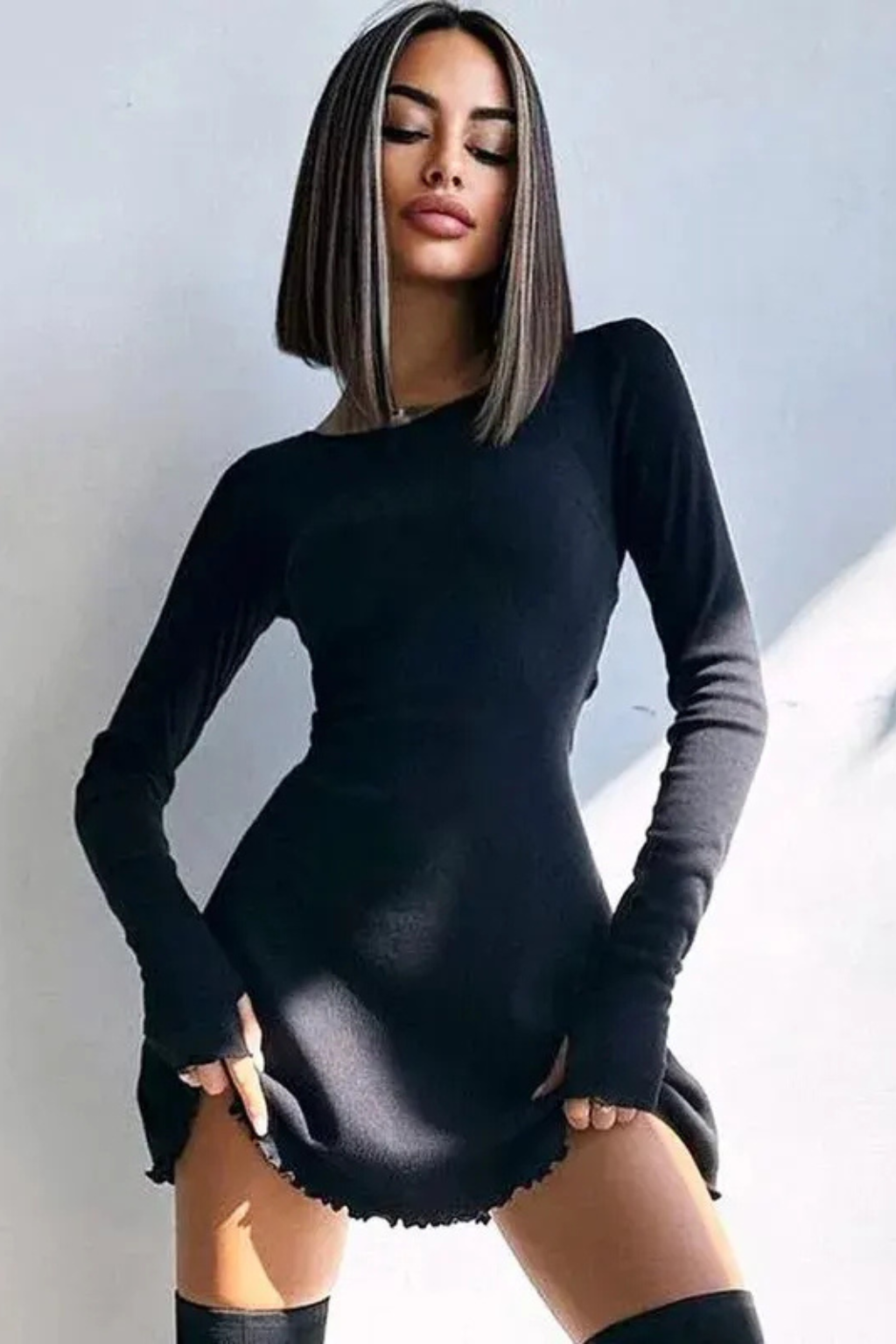 Romy | Women Long Sleeve Ribbed Bodycon Scallop Hem Mini Dress