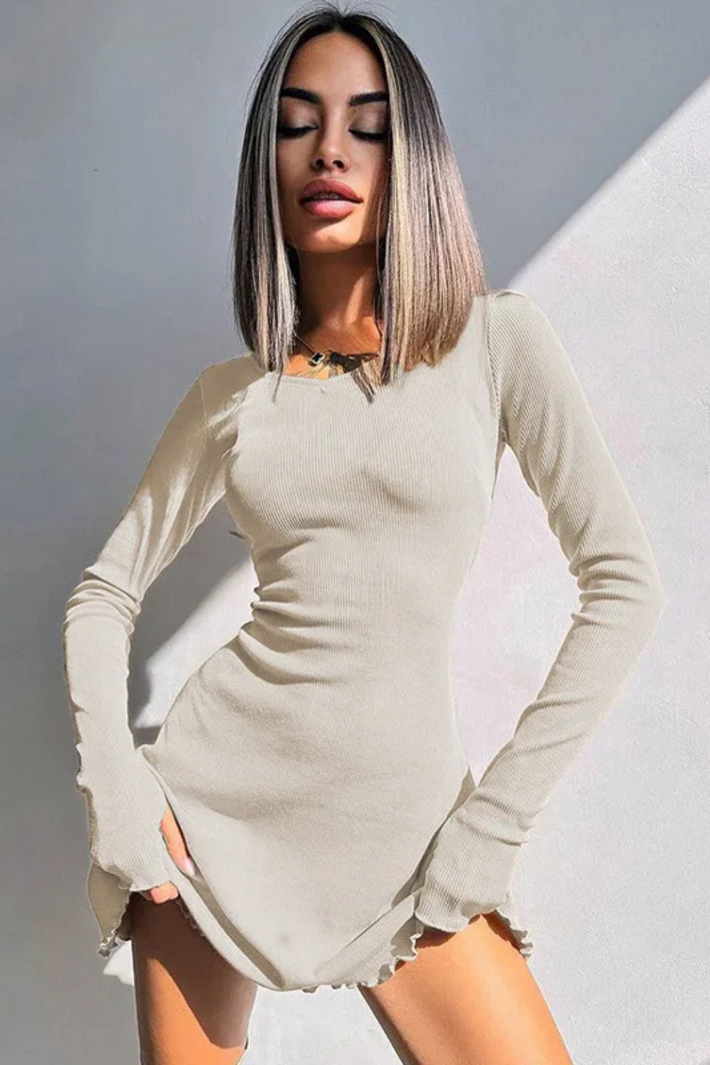 Romy | Women Long Sleeve Ribbed Bodycon Scallop Hem Mini Dress