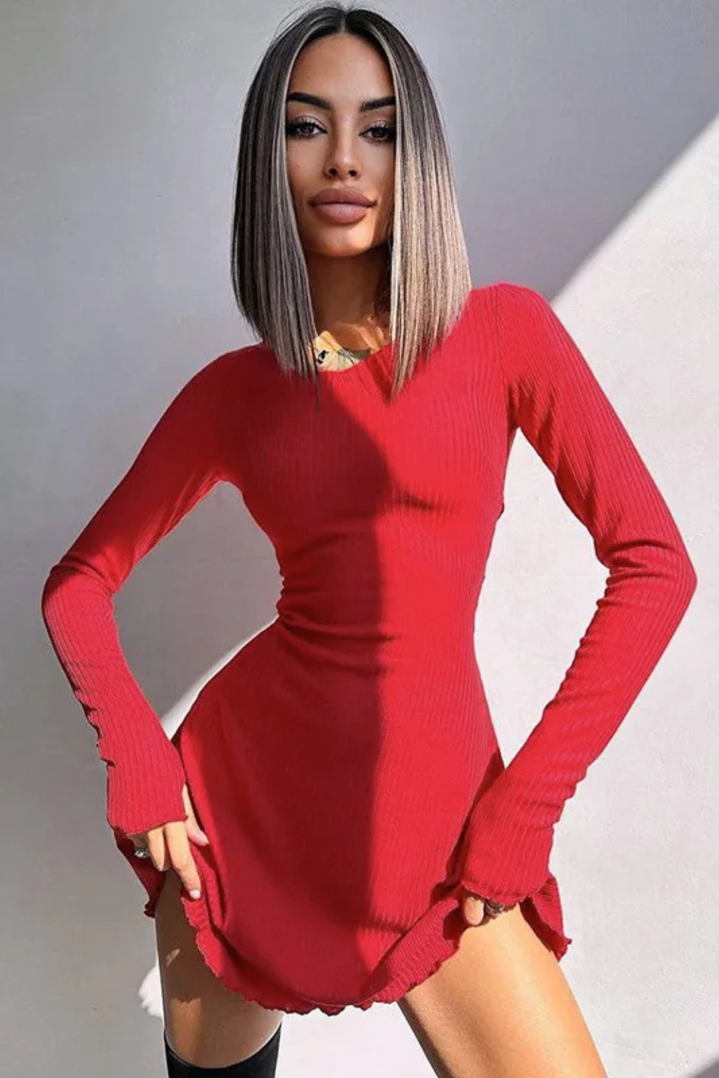 Romy | Women Long Sleeve Ribbed Bodycon Scallop Hem Mini Dress