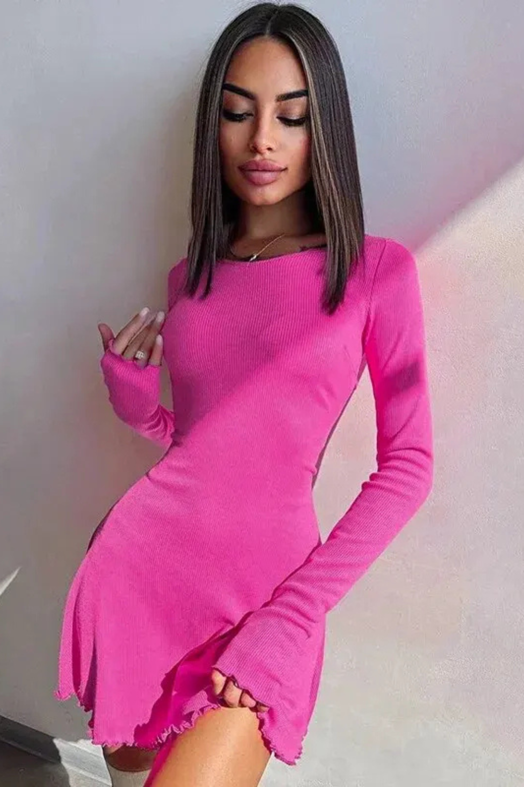 Romy | Women Long Sleeve Ribbed Bodycon Scallop Hem Mini Dress