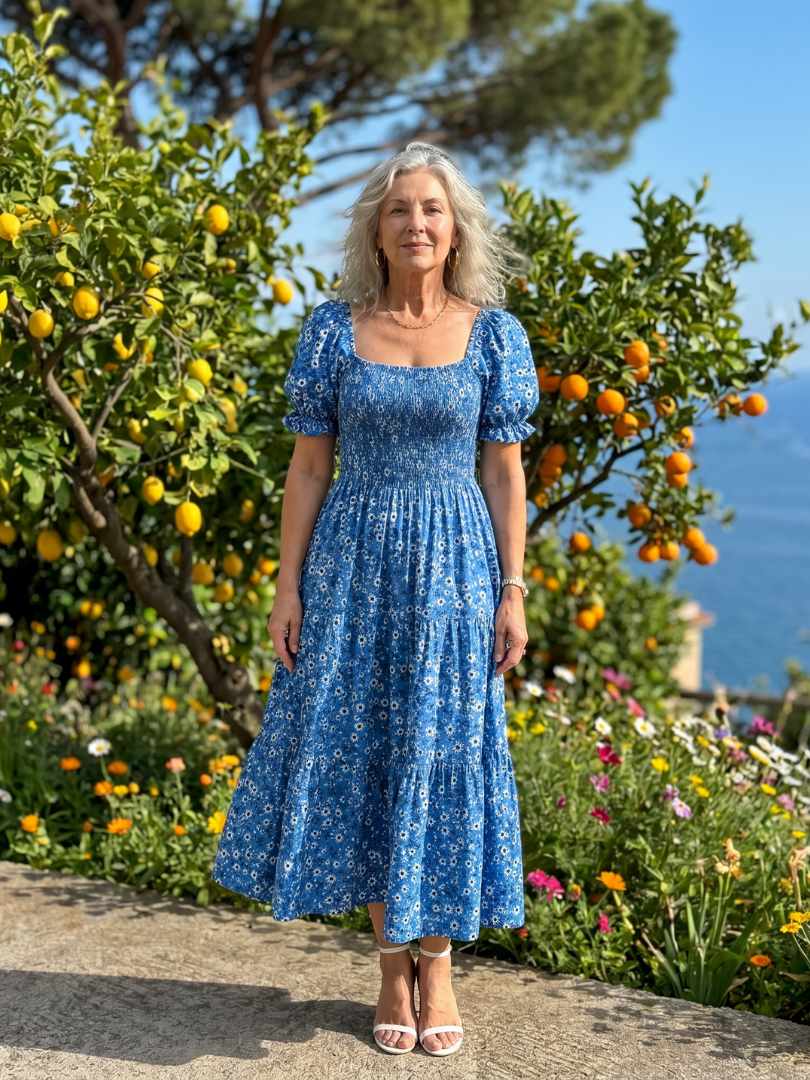 Serrina | Floral Smocked Square Neck Midi Dress