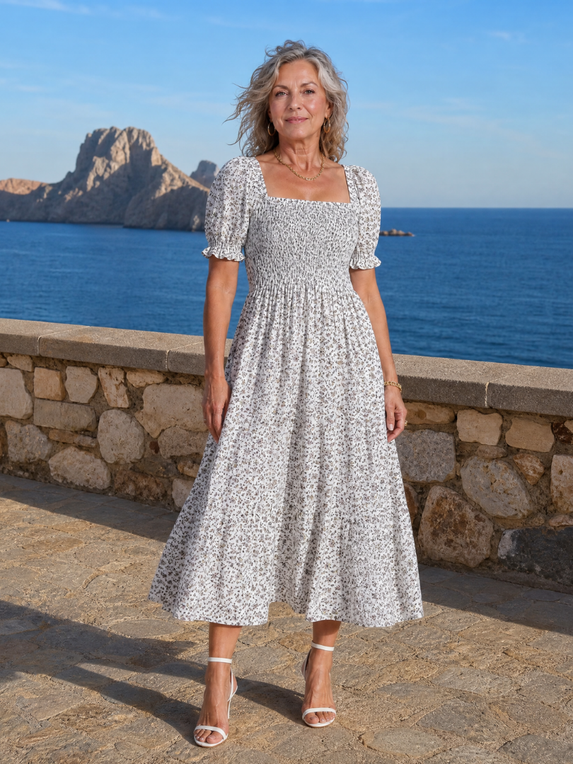 Serrina | Floral Smocked Square Neck Midi Dress