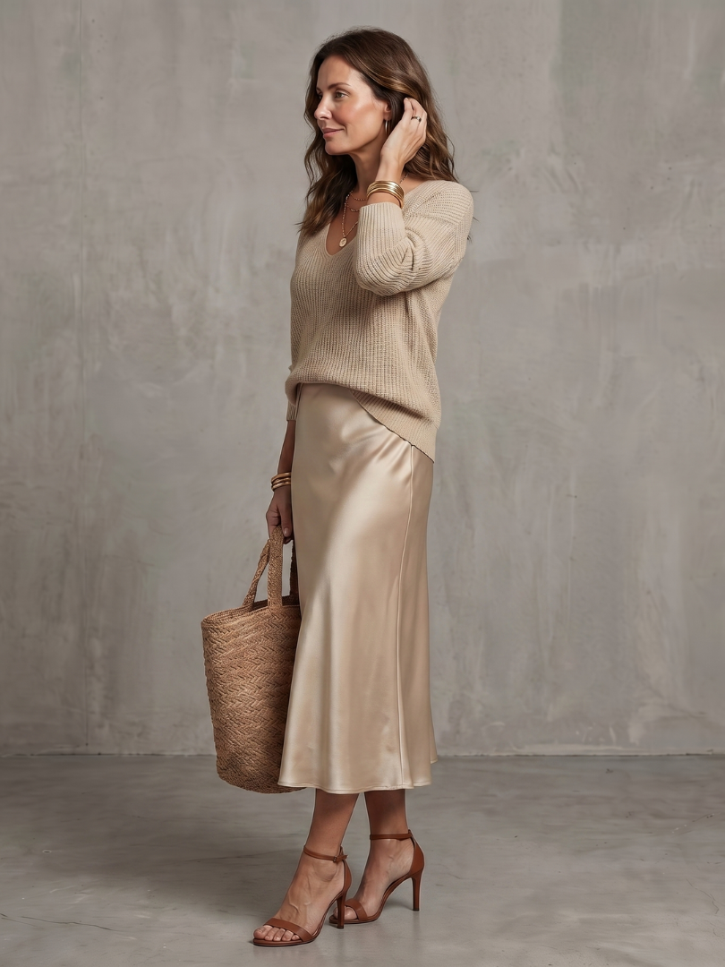 Lunwyn | Bias Fall Satin Skirt Knit Layer Set