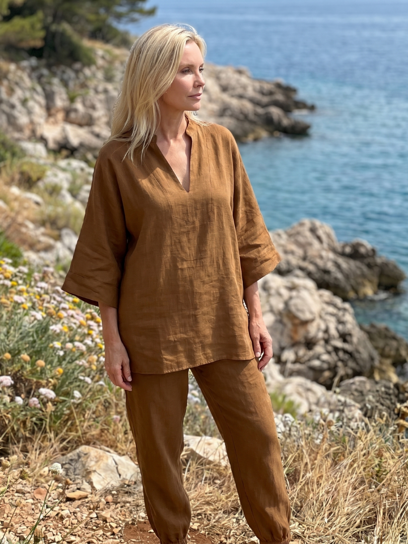 Perrina | V Neck Tunic Gathered Trouser Set