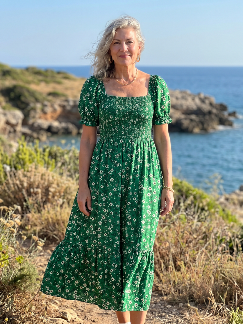 Serrina | Floral Smocked Square Neck Midi Dress