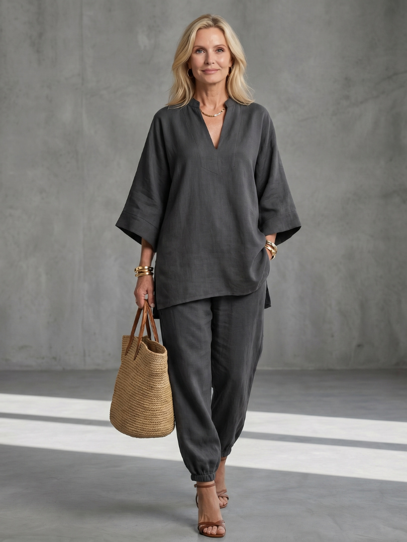 Perrina | V Neck Tunic Gathered Trouser Set