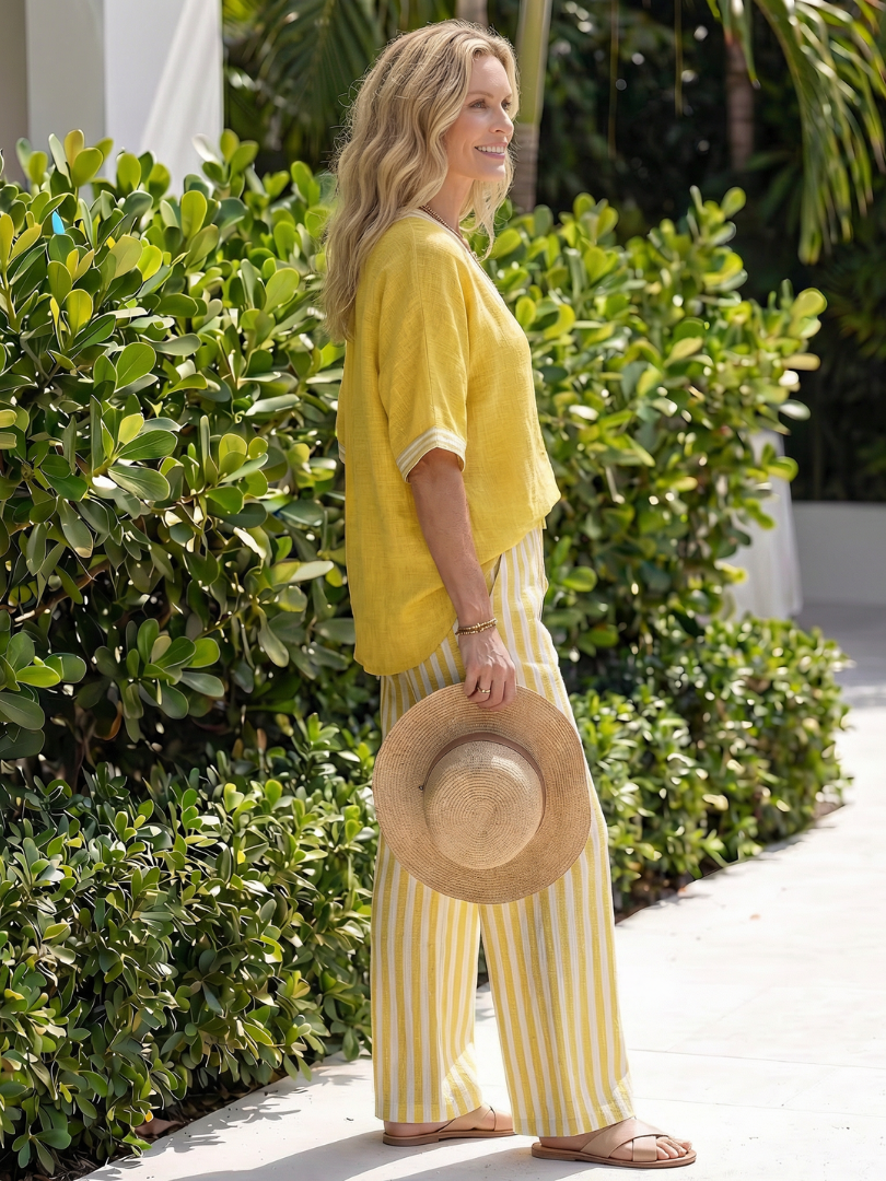 Penette | Contrast V Neck Tunic Stripe Trouser Set