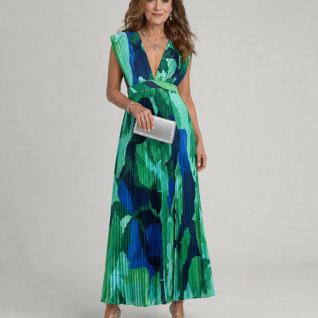Jullyn | Abstract Pleated Cap Sleeve V Neck Midi Dress