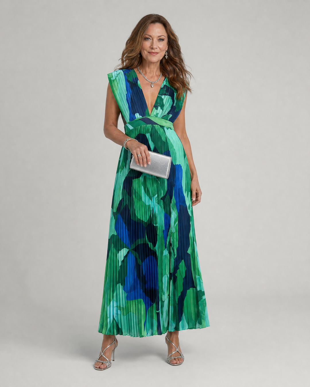 Jullyn | Abstract Pleated Cap Sleeve V Neck Midi Dress