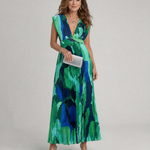 Jullyn | Abstract Pleated Cap Sleeve V Neck Midi Dress