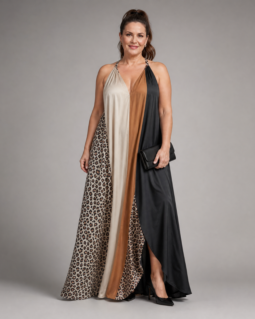 Mirabelle | Color Block Animal Print Halter Flowing Maxi Dress
