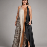 Mirabelle | Color Block Animal Print Halter Flowing Maxi Dress