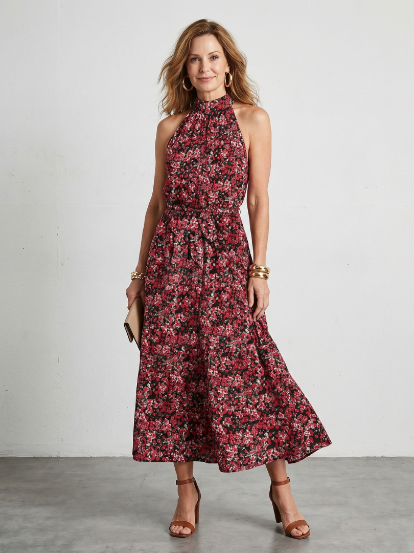 Tesdra | High Neck Floral Tiered Midi Dress