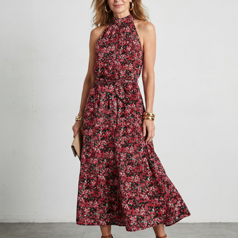 Tesdra | High Neck Floral Tiered Midi Dress