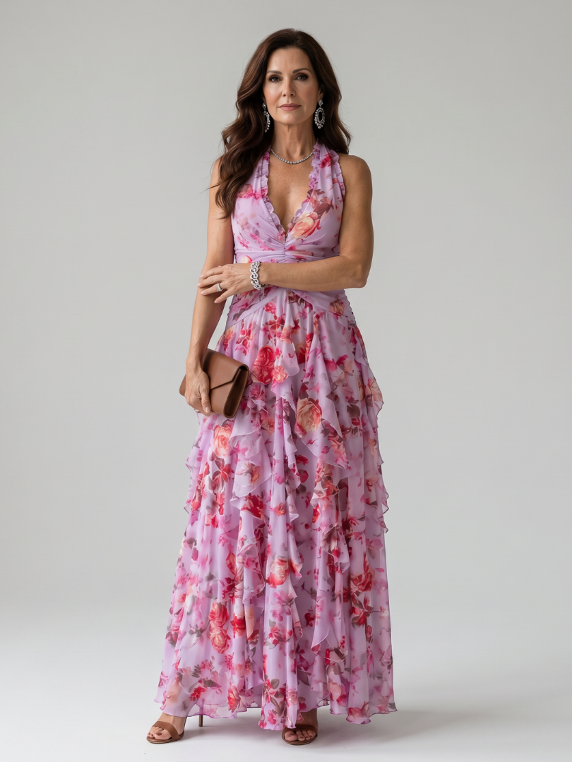 Liabeth | Halter Neck Ruched Bodice Floral Maxi Dress