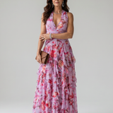 Liabeth | Halter Neck Ruched Bodice Floral Maxi Dress