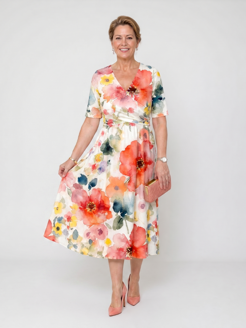 Linnlyn | Floral Print Short Sleeve V Neck Midi Dress
