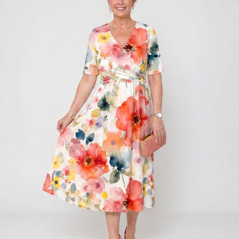 Linnlyn | Floral Print Short Sleeve V Neck Midi Dress