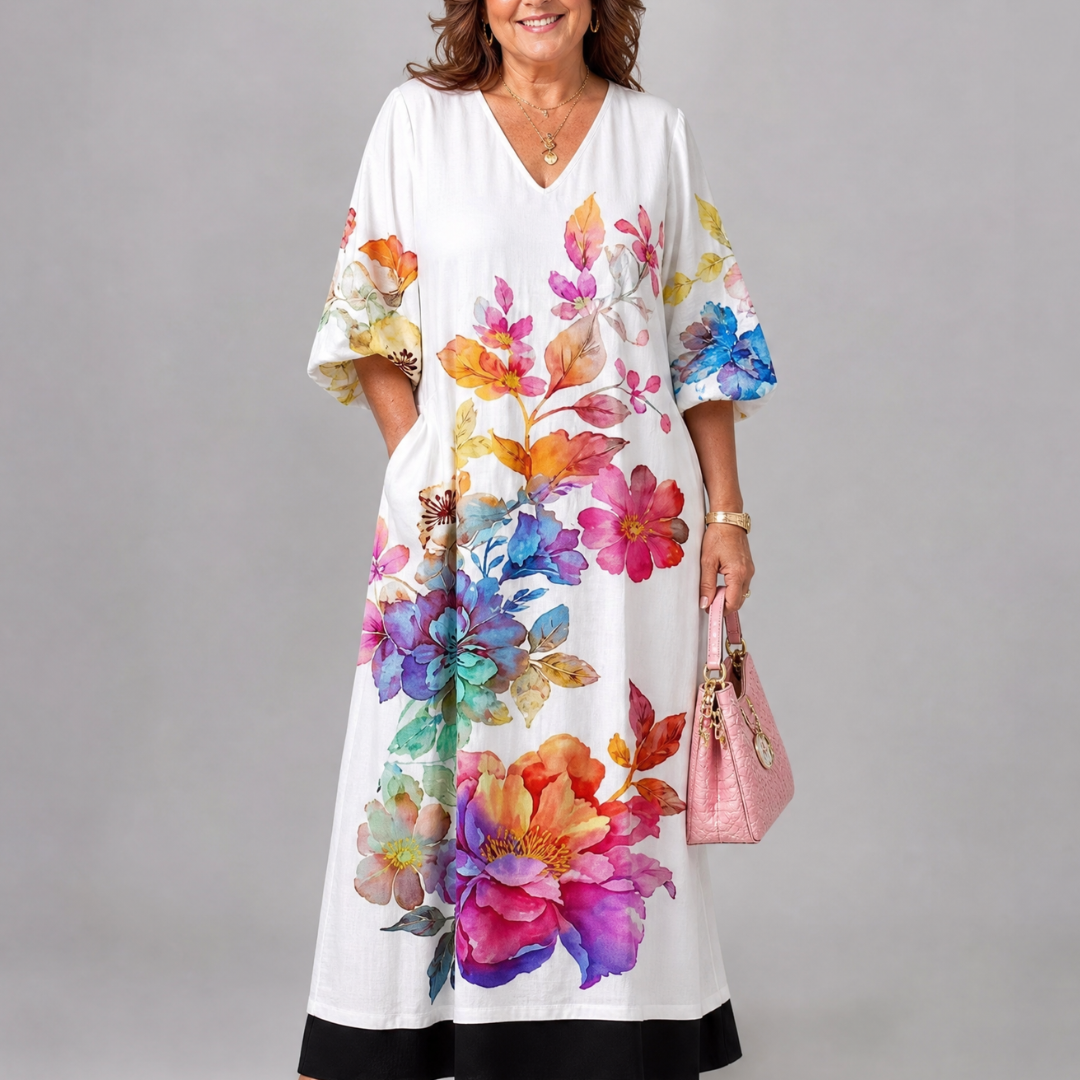 Callada | Watercolor Bloom Print Flowing Pocket Midi Dress