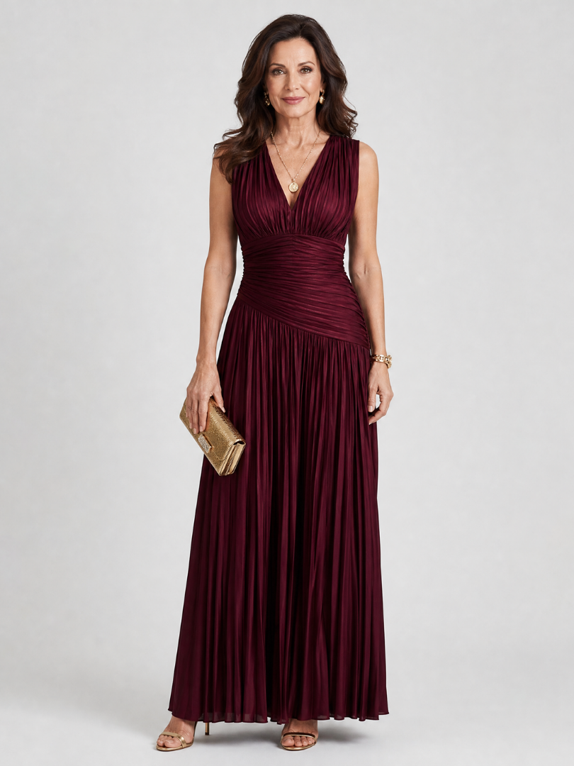 Viosia | Sleeveless Pleated V Neck Midi Dress