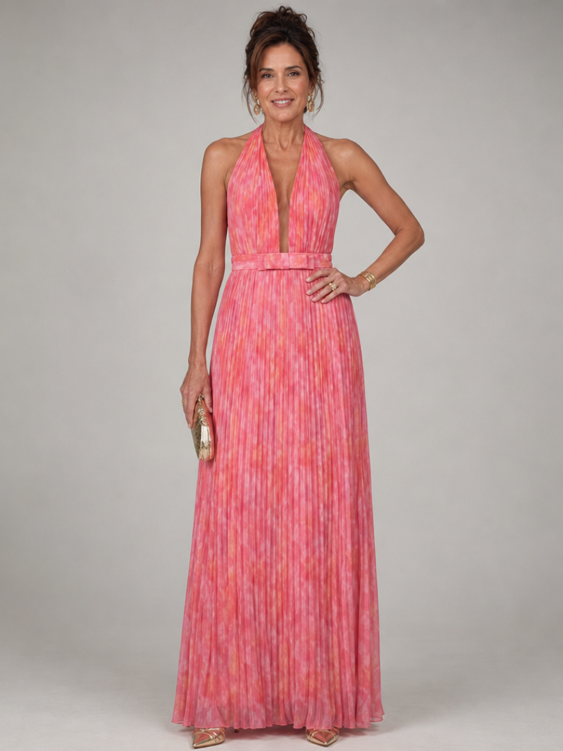 Hilaney | Halter Neck Pleated Skirt Maxi Dress