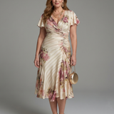 Romyssa | Flutter Sleeve Wrap Floral Stripe Print Midi Dress