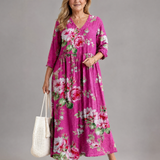 Elorina | Vintage Rose Print Gathered Waist Midi Dress