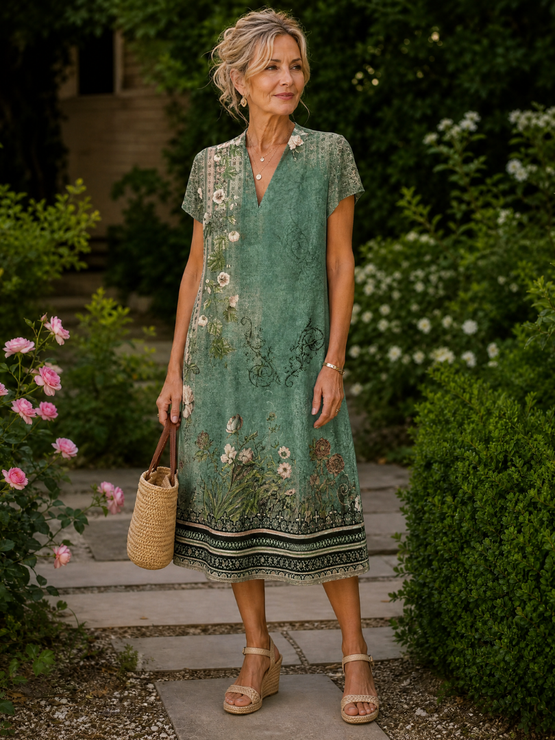 Vesine | Floral Collared Short Sleeve Midi Dress