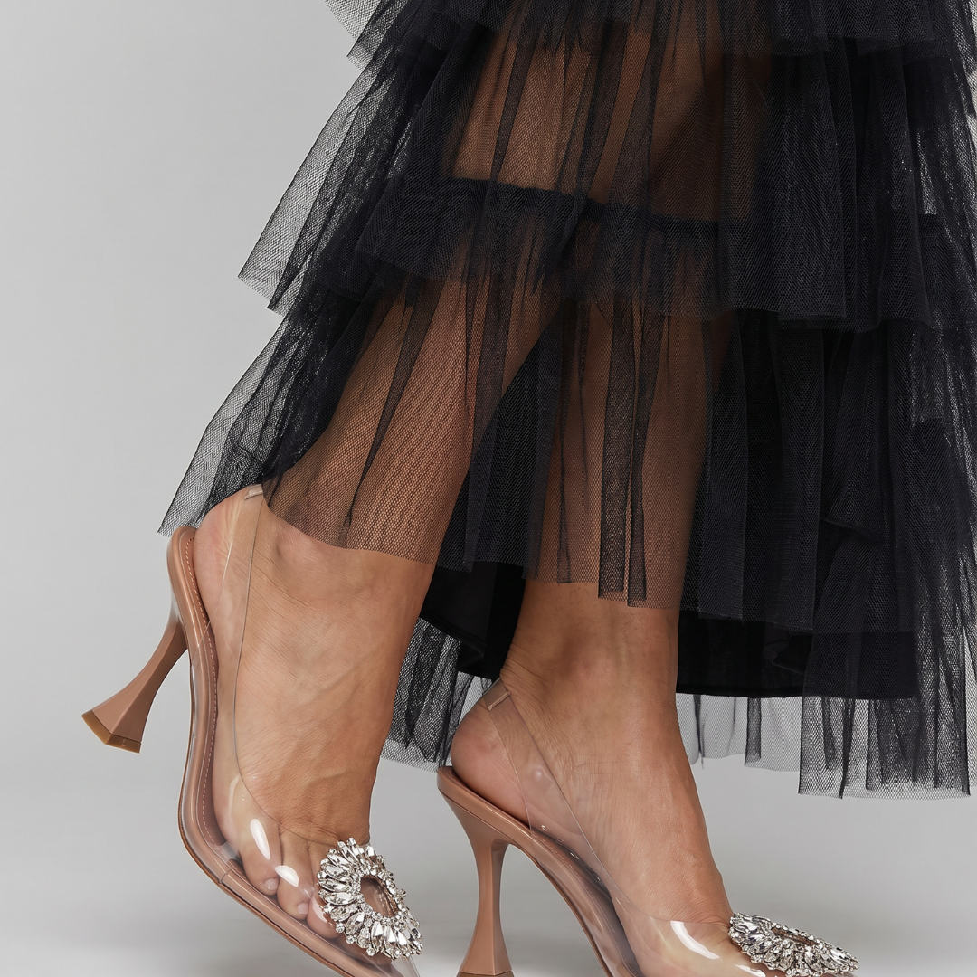 Laemae | Rhinestone Buckle Clear Panel Mule Heels