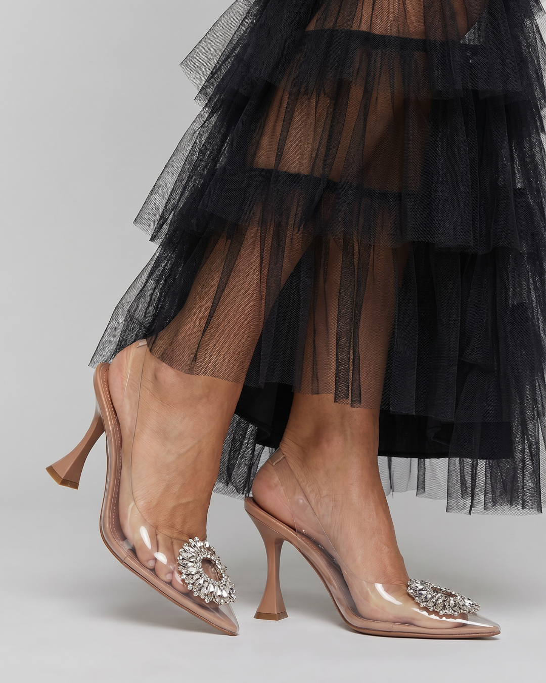 Laemae | Rhinestone Buckle Clear Panel Mule Heels