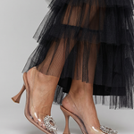 Laemae | Rhinestone Buckle Clear Panel Mule Heels