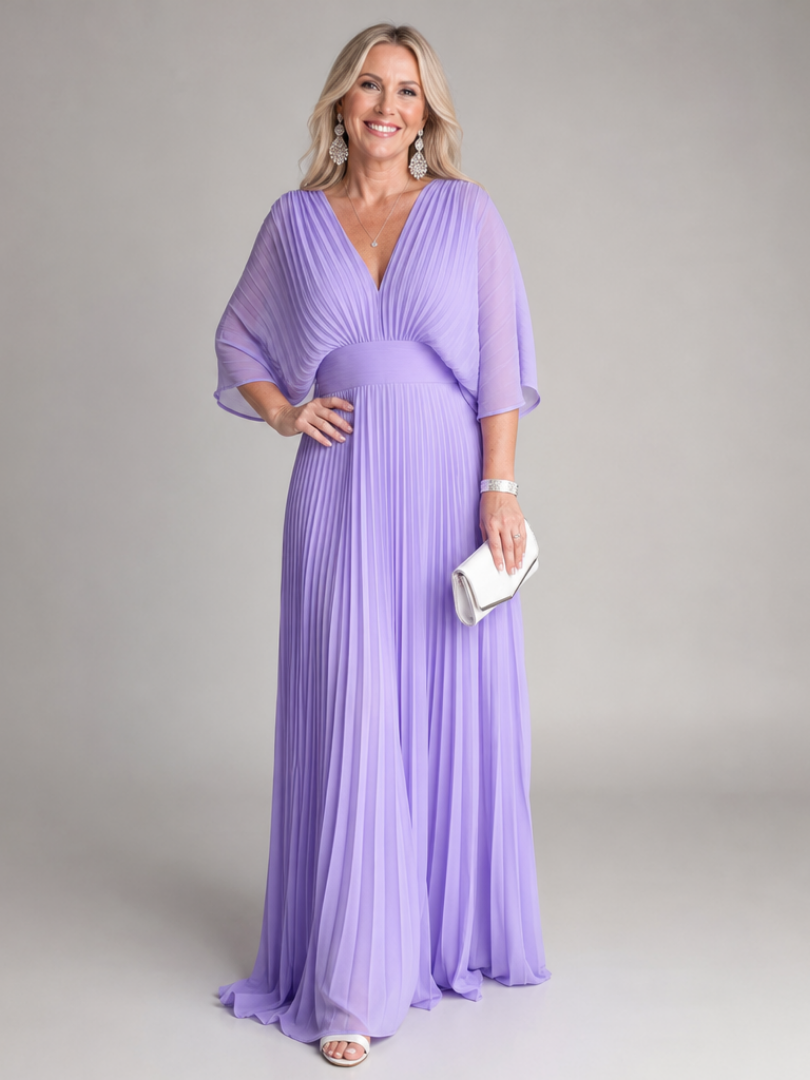 Isawen | V Neck Long Sleeve Pleated Maxi Dress