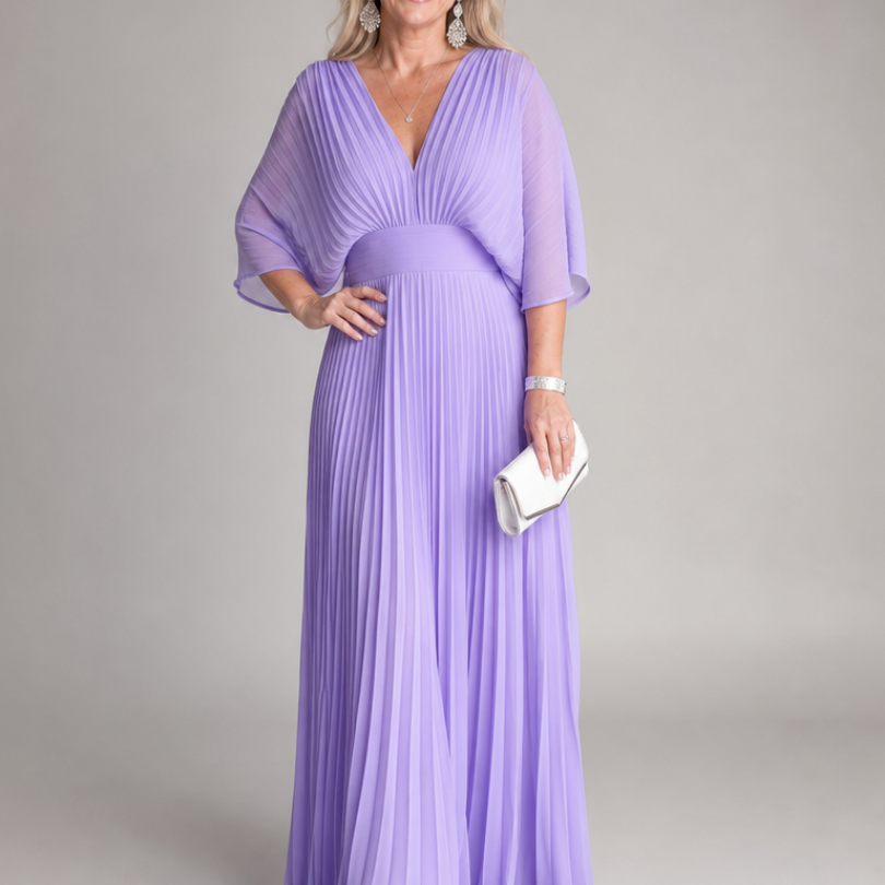 Isawen | V Neck Long Sleeve Pleated Maxi Dress