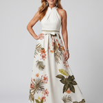 Nilathea | Draped Halter Botanical Panel Maxi Dress