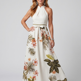 Nilathea | Draped Halter Botanical Panel Maxi Dress