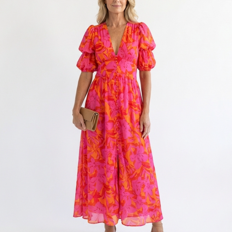 Gretasia | Floral V Neck Puff Sleeve Midi Dress