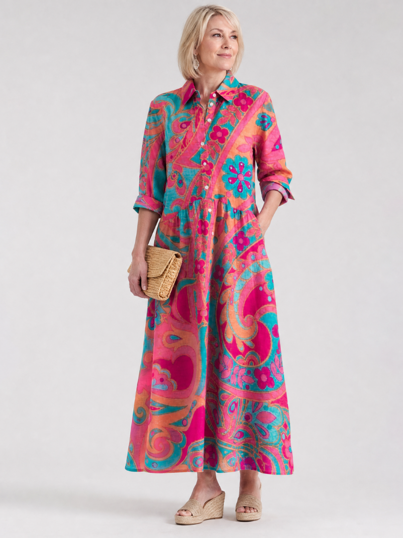 Lilamae | Printed Button Front Collared Midi Dress