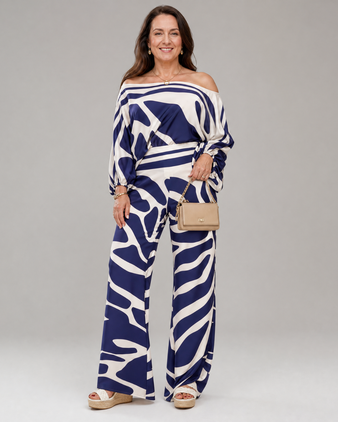 Romyna | Abstract Print Off Shoulder Top And Wide Leg Pants Set