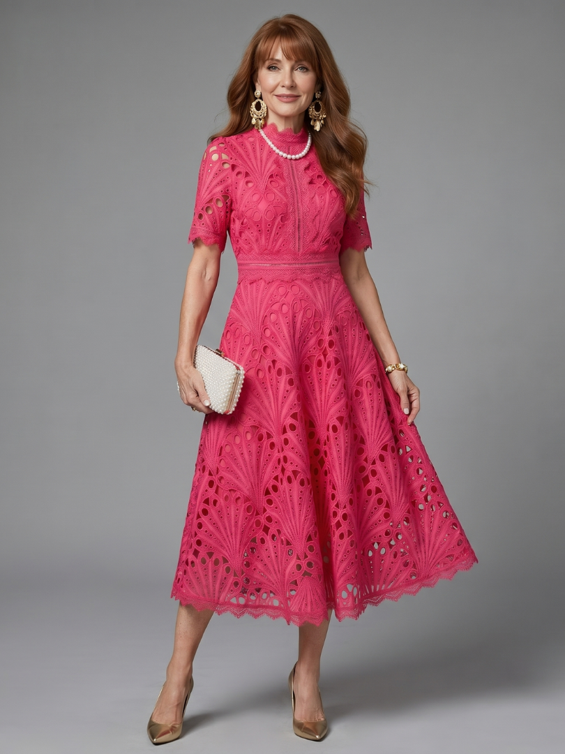 Dalvia | Short Sleeve Eyelet Lace Fitted Waist Midi Dress