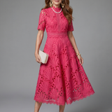 Dalvia | Short Sleeve Eyelet Lace Fitted Waist Midi Dress