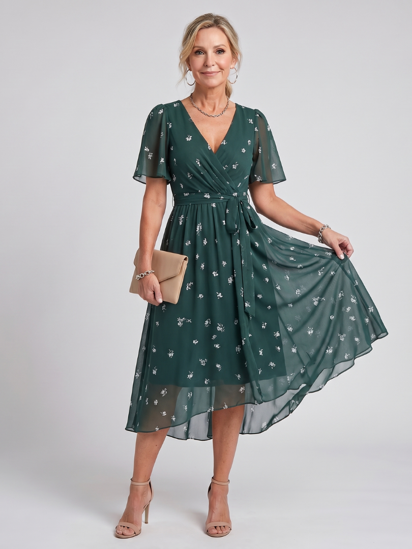 Daldra | Flutter Sleeve Gathered Waist Floral Print Midi Dress