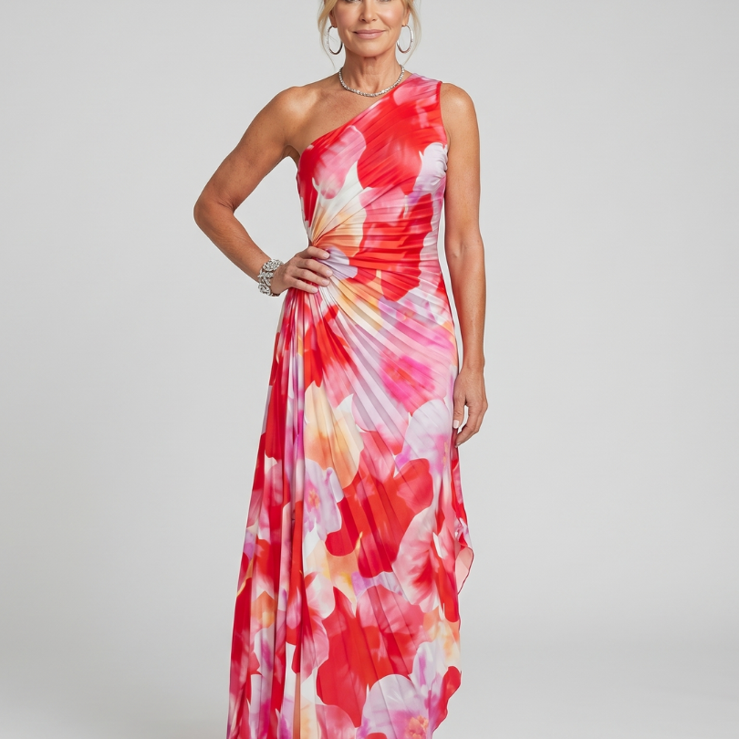 Sabette | One Shoulder Pleated Bodice Midi Dress