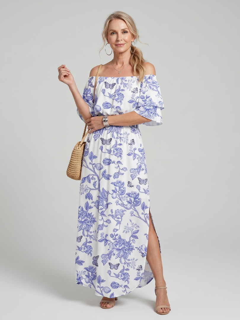 Orlalia | Off Shoulder Soft Floral Print Midi Dress