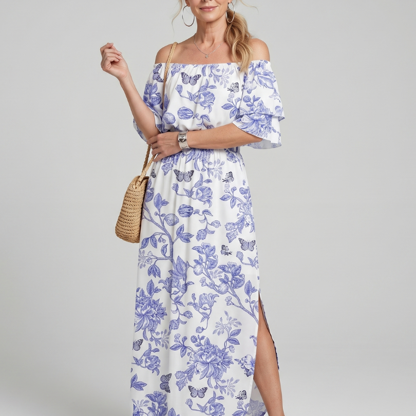 Orlalia | Off Shoulder Soft Floral Print Midi Dress